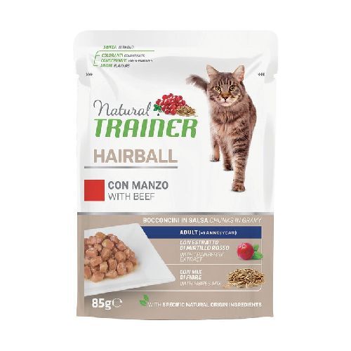 NATURAL TRAINER CAT HAIRBALL MANZO BUSTA 85 GR <br/> Cibo Umido per Gatti
