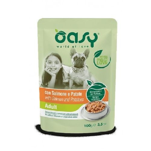OASY WET DOG STRACCETTI AD. SALMONE PATATE 100GR <br/> Cibo Umido per Cani