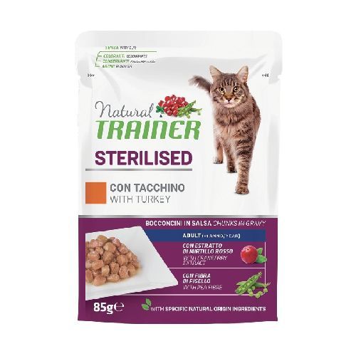 NATURAL TRAINER CAT STERILIZED TACCHINO BUSTA 85 GR <br/> Cibo Umido per Gatti
