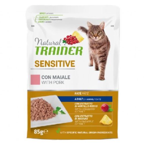 NATURAL TRAINER CAT SENSITIVE MAIALE BUSTA 85 GR <br/> Cibo Umido per Gatti