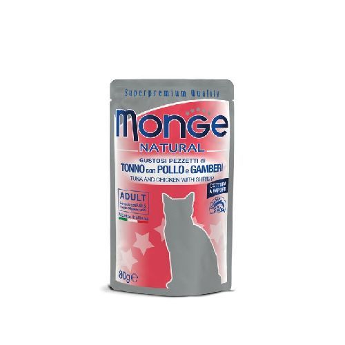 MONGE CAT BUSTA 80GR TONNO, POLLO E GAMBERI <br/> Cibo Umido per Gatti