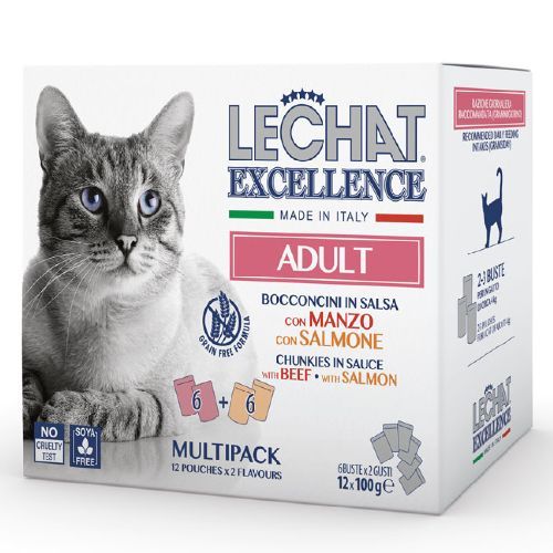 LeChat Excellence multipack 12x100gr Bocconi con manzo/salmone <br/> Cibo Umido per Gatti