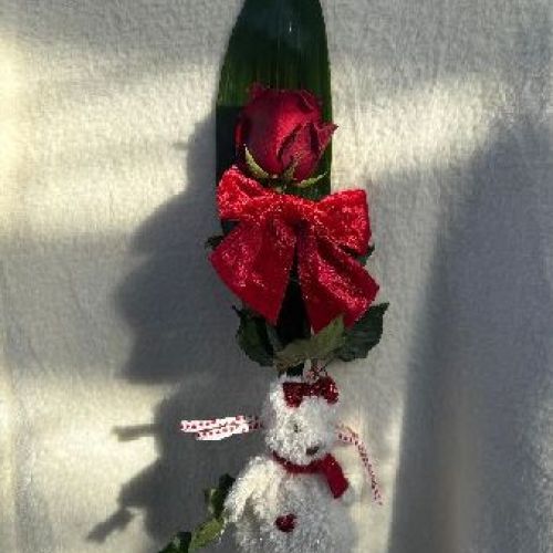 1 ROSA CON FIOCCO, PELUCHE BIANCO E FOGLIA DI ASPIDISTRA <br/> Bouquet di Fiori e Richiesta Consegna a Domicilio