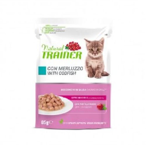 NATURAL TRAINER CAT KITTEN MERLUZZO BUSTA 85 GR <br/> Cibo Umido per Gatti