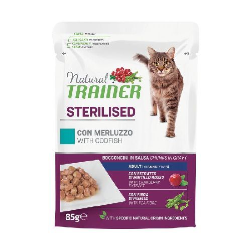 NATURAL TRAINER CAT STERILIZED MERLUZZO BUSTA 85 GR <br/> Cibo Umido per Gatti